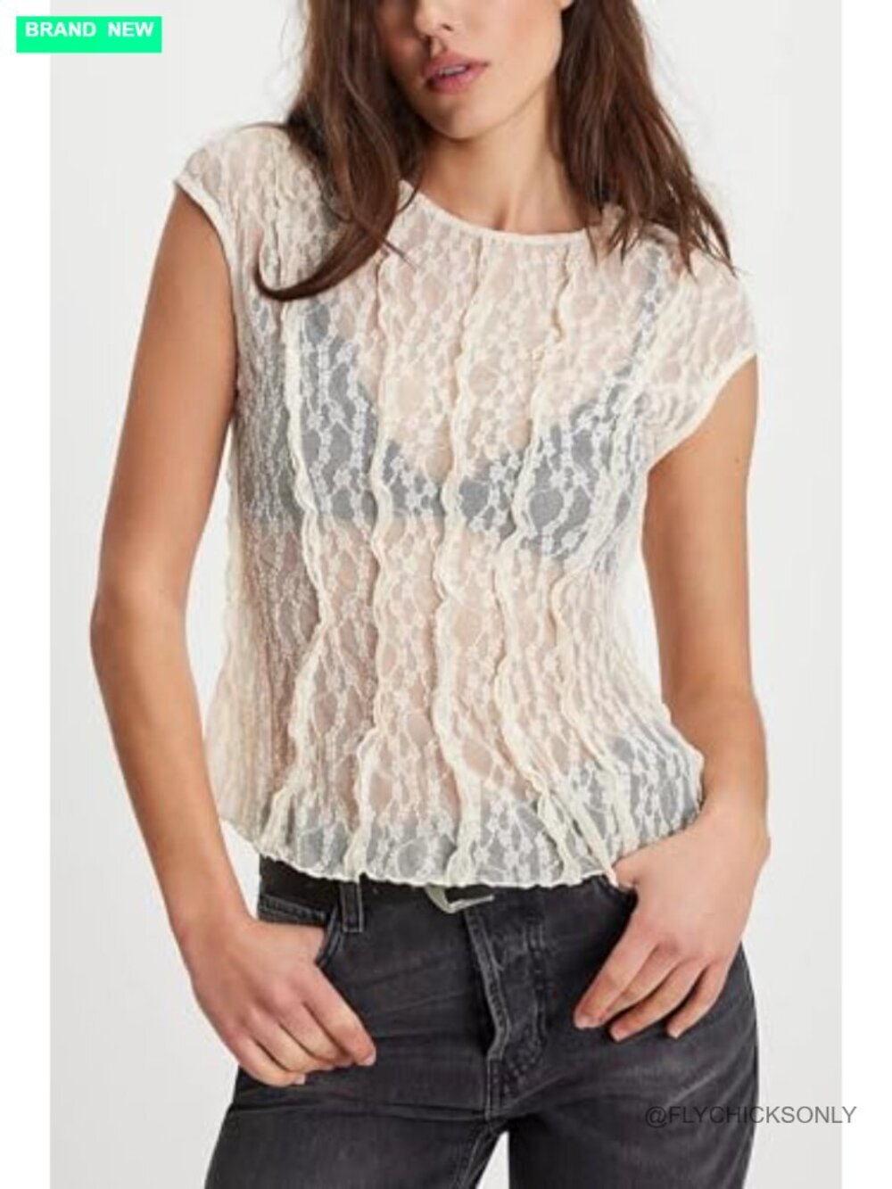 Mesh Lace Sleeveless Crop Tank Top Sheer Pleated Summer - Picture 5 of 5